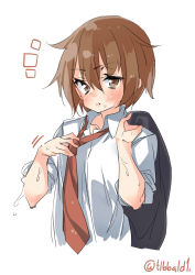 Rule 34 | 10s, 1girl, ^^^, androgynous, blush, brown eyes, brown hair, collared shirt, ebifurya, hair between eyes, highres, kantai collection, long hair, looking at viewer, motion lines, necktie, open mouth, red necktie, shirt, short hair, simple background, sleeves rolled up, solo, sweat, twitter username, upper body, wakaba (kancolle), white background, white shirt