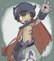 Rule 34 | 1boy, android, black hair, brown eyes, cape, child, dark-skinned male, dark skin, facial mark, helmet, highres, made in abyss, male focus, ocha (kinnkonnsousai), open mouth, pants, red cape, regu (made in abyss), short hair, solo, topless male, waving