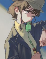 Rule 34 | 1girl, black eyes, brown hair, closed mouth, corded phone, grey jacket, hat, holding, jacket, karutade, long sleeves, original, phone, short hair, simple background, solo, sweater, turtleneck, turtleneck sweater, upper body, watch, wristwatch, yellow sweater
