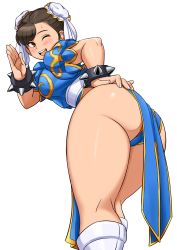 Rule 34 | 1girl, ass, blush, boots, bracelet, breasts, brown eyes, brown hair, capcom, china dress, chinese clothes, chun-li, commentary request, double bun, dress, fingernails, hair bun, hair ornament, highres, jewelry, knee boots, looking back, medium breasts, one eye closed, open mouth, puffy short sleeves, puffy sleeves, shigenobu, shiny skin, short sleeves, simple background, smile, solo, spiked bracelet, spikes, street fighter, street fighter ii (series), sweat, sweatdrop, thighs, underwear, white background, white footwear
