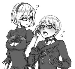 Rule 34 | 1boy, 1girl, ?, aesice, android, blush, breasts, buttons, choker, cleavage, cleavage cutout, clothing cutout, dress, feather-trimmed sleeves, glasses, gloves, greyscale, juliet sleeves, long sleeves, mole, mole under mouth, monochrome, nier (series), nier:automata, open mouth, puffy sleeves, short hair, sketch, strap, surprised, white hair, 2b (nier:automata), 9s (nier:automata)