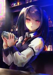 Rule 34 | 1girl, azamatsu, bar (place), bartender, black vest, bottle, cocktail shaker, collared shirt, commentary request, indoors, jill stingray, long sleeves, looking at viewer, medium hair, necktie, open mouth, pink eyes, purple hair, red necktie, sake bottle, shaker, shirt, solo, swept bangs, twintails, va-11 hall-a, vest, white shirt, wrist cuffs