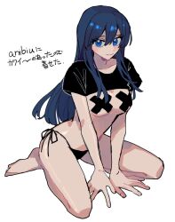 Rule 34 | 1girl, azuma (magi-inazuma), bare arms, bare legs, black panties, black shrug, blue eyes, blue hair, closed mouth, commentary request, cross pasties, full body, highres, long hair, looking at viewer, original, panties, pasties, shrug (clothing), side-tie panties, simple background, sitting, smile, solo, translation request, underwear, white background