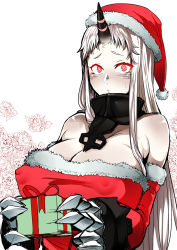 Rule 34 | 10s, 1girl, abyssal ship, bare shoulders, blush, box, breasts, christmas, claws, cleavage, detached sleeves, dress, covered erect nipples, female focus, fur trim, gift, gift box, glowing, glowing eyes, hat, highres, horns, kantai collection, kayumidome, large breasts, long hair, red eyes, santa costume, santa hat, seaport princess, single horn, solo, upper body, white hair