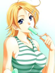 Rule 34 | 1girl, bare shoulders, blonde hair, blue eyes, breasts, dessert, female focus, food, food in mouth, hair ornament, kaga akari, kimi no iru machi, large breasts, looking at viewer, official art, popsicle, seo kouji, short hair, simple background, solo, striped, striped tank top, tank top