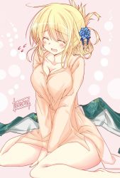 Rule 34 | 10s, 1boy, 1girl, atago (kancolle), blonde hair, blush, breasts, cleavage, closed eyes, flower, hair ornament, half updo, highres, japanese clothes, kantai collection, kimono, large breasts, narumiya (empty cafe), open mouth, sitting, solo, wariza