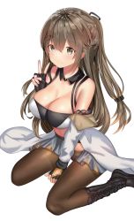 Rule 34 | 1girl, ame sagari, bad id, bad pixiv id, bare shoulders, blush, boots, breasts, brown eyes, brown hair, brown pantyhose, cleavage, collarbone, cross-laced footwear, detached collar, fingerless gloves, girls&#039; frontline, gloves, hair ornament, hairclip, highres, k2 (girls&#039; frontline), lace-up boots, long hair, looking at viewer, medium breasts, navel, open mouth, panties, pantyhose, simple background, sitting, smile, solo, underwear, v