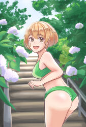 Rule 34 | 1girl, absurdres, ass, bandaid, bandaid on head, bikini, brown eyes, commentary request, cowboy shot, flower, green bikini, highres, hydrangea, kaginoko, kantai collection, light brown hair, looking at viewer, looking back, oboro (kancolle), official alternate costume, plant, short hair, solo, stairs, swimsuit