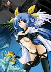 Rule 34 | 1girl, arc system works, asymmetrical wings, blue hair, bosalim, breasts, dizzy (guilty gear), guilty gear, red eyes, ribbon, solo, tail, tail ornament, tail ribbon, thighhighs, underboob, wings, zenninyoi