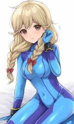 Rule 34 | 1girl, banned artist, blonde hair, blue bodysuit, bodysuit, bow, braid, breasts, brown eyes, commentary request, cosplay, covered navel, faye (fire emblem), fire emblem, hair bow, hand up, highres, long hair, looking at viewer, medium breasts, metroid, nintendo, red bow, samus aran, samus aran (cosplay), seiza, shimizu akina, sitting, smile, solo, thighs, twin braids, white background, zero suit