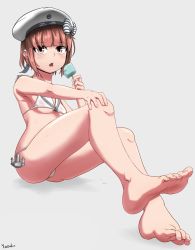 Rule 34 | 10s, 1girl, anchor, artist name, ass, barefoot, beret, bikini, bow, breasts, brown eyes, brown hair, clothes writing, feet, food, full body, hand on own knee, hat, highres, holding, kantai collection, knees up, looking at viewer, matching hair/eyes, popsicle, sailor bikini, sailor collar, short hair, signature, simple background, small breasts, smiley face, solo, striped, striped bow, swimsuit, toes, tongue, tongue out, underboob, white bikini, white hat, yaruku, z3 max schultz (kancolle)