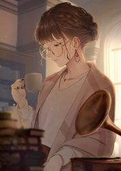 Rule 34 | 1girl, book, braid, brown hair, coffee cup, cup, disposable cup, earrings, glasses, highres, jewelry, mole, mole under eye, necklace, original, phonograph, saitou (lynx-shrike)