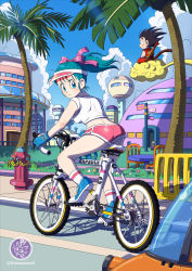 Rule 34 | 1boy, 1girl, ass, bicycle, black hair, blue eyes, blue flower, blue footwear, blue gloves, blue hair, blue sky, breasts, building, bulma, bush, capsule corp, chair, city, closed mouth, cloud, cloudy sky, commentary, commentary request, crop top, day, dragon ball, dragon ball (classic), expressionless, eyelashes, fence, fire hydrant, floating hair, flower, flying nimbus, from behind, full body, gloves, grass, hair ribbon, hat, high ponytail, highres, house, light rays, looking afar, looking at viewer, looking back, medium breasts, monkey tail, motor vehicle, norita (6110885), ruyi jingu bang, orange flower, outdoors, palm tree, pink flower, pink headwear, pink ribbon, pink shorts, ribbon, riding, road, road sign, shadow, shoes, short shorts, shorts, sideboob, sidewalk, sign, signature, sitting, sky, sneakers, socks, son goku, sunlight, symbol-only commentary, table, tail, tree, twitter username, white flower, white legwear, window