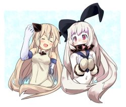 Rule 34 | 2girls, ^ ^, abyssal ship, ahoge, alternate costume, anchor hair ornament, bad id, bad pixiv id, brown hair, closed eyes, cosplay, costume switch, elbow gloves, gloves, hair ornament, horns, kantai collection, long hair, mittens, multiple girls, mutsuki nekohachi, navel, northern ocean hime (cosplay), northern ocean princess, open mouth, pale skin, red eyes, shimakaze (kancolle), shimakaze (kancolle) (cosplay), silver hair, smile, white gloves