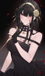 Rule 34 | 1girl, absurdres, bare shoulders, black background, black dress, black gloves, black hair, blood, blood on face, blush, breasts, character name, cleavage, commentary, dress, gloves, hair between eyes, hairband, hand up, highres, holding, holding weapon, kaa-san, large breasts, long hair, looking at viewer, nail polish, petals, red eyes, red nails, reverse grip, rose petals, sidelocks, sleeveless, sleeveless dress, smile, solo, spy x family, upper body, weapon, yor briar
