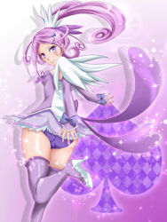 Rule 34 | 1girl, arm warmers, boots, bow, cure sword, curly hair, dokidoki! precure, gradient background, hair ornament, hairpin, kenzaki makoto, looking back, magical girl, miniskirt, nakoshe, panties, pantyshot, ponytail, precure, purple background, purple eyes, purple footwear, purple hair, purple panties, purple skirt, purple theme, purple thighhighs, ribbon, short hair, skirt, smile, solo, spade, spade hair ornament, sparkle, standing, standing on one leg, thigh boots, thighhighs, underwear, upskirt, white background