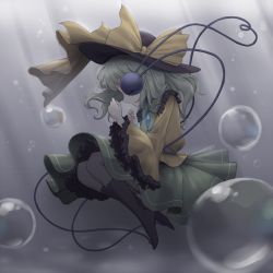 Rule 34 | 1girl, air bubble, black hat, black socks, bow, bubble, closed eyes, commentary, fetal position, frilled shirt, frilled shirt collar, frilled sleeves, frills, from side, full body, green hair, green skirt, hands up, hat, hat bow, heart, heart of string, kneehighs, komeiji koishi, light rays, long hair, long sleeves, miniskirt, minust, no shoes, petticoat, profile, shirt, skirt, socks, solo, third eye, touhou, underwater, wide sleeves, yellow bow, yellow shirt