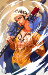 Rule 34 | 1boy, arm tattoo, black hair, blue coat, blue pants, charmiisan, chest tattoo, coat, collar, commentary, denim, facial hair, fur collar, goatee, hand tattoo, hat, highres, holding, holding sword, holding weapon, jeans, male focus, one piece, pants, shirt, sideburns, sidelocks, smile, smoke, solo, sword, tattoo, trafalgar law, upper body, weapon, yellow eyes, yellow shirt