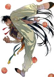 Rule 34 | 1boy, absurdres, arm wrap, atie1225, baggy pants, black footwear, black hair, chinese clothes, chinese commentary, dark-skinned male, dark skin, earrings, fang, food, fruit, full body, high kick, highres, jewelry, kicking, leg wrap, long hair, looking at viewer, male focus, mandarin collar, open mouth, original, pants, peach, sarashi, scar, scar on arm, simple background, sleeveless, solo, standing, very long hair, white background, yellow eyes