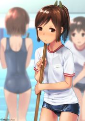 Rule 34 | &gt;:t, 10s, 3girls, :t, alternate costume, back, bare arms, black eyes, black hair, blue one-piece swimsuit, blurry, blush, breasts, broom, brown eyes, brown hair, character name, cleaning brush, closed mouth, depth of field, empty pool, gluteal fold, gym shirt, gym uniform, hair ornament, hairclip, holding, i-401 (kancolle), isonami (kancolle), kantai collection, looking at viewer, multiple girls, natori (kancolle), old school swimsuit, one-piece swimsuit, ponytail, pool, pout, school swimsuit, school uniform, see-through, shiden (sashimi no wife), shiny clothes, shirt, short hair, short ponytail, short sleeves, sidelocks, small breasts, solo focus, swimsuit, swimsuit under clothes, tan, thigh gap, twitter username, v-shaped eyebrows