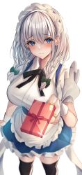 Rule 34 | 1girl, 7saki, bad id, bad twitter id, bandaid, bandaid on hand, black thighhighs, blue eyes, blush, breasts, closed mouth, commentary request, gift, grey hair, highres, holding, holding gift, izayoi sakuya, large breasts, looking at viewer, maid, maid headdress, medium hair, short sleeves, simple background, solo, standing, thighhighs, touhou, white background, wrist cuffs