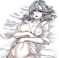 Rule 34 | 1girl, bed sheet, blue hair, breasts, breasts apart, colored skin, hair between eyes, hair spread out, highres, large breasts, looking at viewer, lying, medium hair, naked shirt, navel, no bra, no panties, aged up, on back, on bed, open clothes, open mouth, open shirt, out-of-frame censoring, pointy ears, red eyes, remilia scarlet, shirt, shukusuri, sketch, slit pupils, solo, touhou, vampire, white shirt, white skin