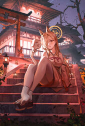 Rule 34 | 1girl, absurdres, animal ears, bare shoulders, blonde hair, blue archive, blush, breasts, building, detached sleeves, fox ears, fox mask, hair over one eye, hairband, halo, highres, holding, holding mask, ikkia, japanese clothes, kaho (blue archive), kimono, large breasts, legs, long hair, looking at viewer, mask, mole, mole under mouth, night, no shoes, okobo, platform clogs, platform footwear, sandals, socks, solo, tabi, thick eyebrows, thighs, wide sleeves, yellow eyes
