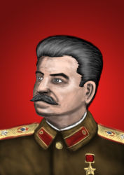 Rule 34 | 1boy, absurdres, black eyes, black hair, communism, dictator, facial hair, gradient background, hammer and sickle, highres, insignia, joseph stalin, medal, military, military uniform, mustache, red background, russia, simple background, soviet, thai text, thailand, uniform, ussr