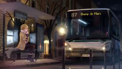 Rule 34 | black footwear, black pantyhose, blouse, boots, brown coat, brown hair, building, bus, bus stop, car, coat, commentary request, france, highres, koizumi hanayo, license plate, long sleeves, love live!, love live! school idol project, motor vehicle, night, outdoors, pantyhose, png pant (bus), pocket, purple eyes, road, shirt, short hair, sidewalk, sitting, striped clothes, striped shirt, tree, vehicle focus