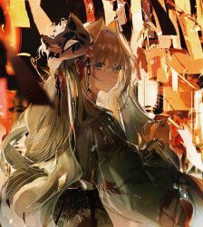 Rule 34 | 1girl, animal print, cat mask, closed mouth, commentary request, et atr3, fish print, green kimono, grey hair, hair intakes, hair ribbon, highres, japanese clothes, kimono, korean commentary, lantern, long hair, long sleeves, looking at viewer, mask, mask on head, night, original, ribbon, solo, tanabata, upper body, very long hair, wide sleeves