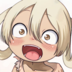 Rule 34 | :d, blonde hair, blush, brown eyes, child, close-up, collarbone, hair between eyes, hair rings, happy, highres, irumyuui, looking at viewer, made in abyss, nose blush, open mouth, portrait, short hair, smile, t jiroo (ringofriend), teeth
