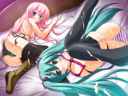 Rule 34 | 2girls, aqua eyes, aqua hair, black legwear, blue eyes, blush, boots, breasts, cameltoe, chocolate, cum, hair ribbon, hatsune miku, highres, hugging own legs, knee boots, long hair, lying, massan, megurine luka, multiple girls, on back, on side, panties, pink hair, ribbon, sexually suggestive, side-tie panties, striped clothes, striped panties, thighhighs, topless, twintails, underwear, valentine, very long hair, vocaloid, white chocolate