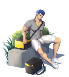 Rule 34 | 1boy, abs, bag, bara, biceps, blue hair, bulge, bush, chachi (soulga), collared shirt, cu chulainn (fate), cum, fate/stay night, fate (series), large pectorals, long hair, looking to the side, male focus, manly, mature male, muscular, muscular male, nipples, open mouth, pectorals, plant, ponytail, red eyes, see-through, shirt, shoes, short hair, simple background, snickers (brand), solo, spiked hair, sweat, sweatdrop, teeth, thick arms, thick thighs, thighs, tight clothes, wet, wet clothes, white background