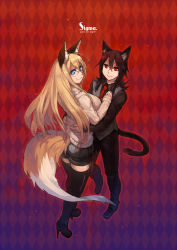 Rule 34 | 1girl, androgynous, animal ears, argyle, argyle background, argyle clothes, black thighhighs, blonde hair, blue eyes, breasts, brown hair, cat ears, cat tail, fox ears, fox tail, glasses, goshiki, highres, large breasts, long hair, looking at viewer, looking back, necktie, red eyes, shorts, smile, standing, tail, thighhighs