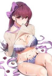 Rule 34 | 1girl, blush, bra, breasts, chocolate, chocolate on body, chocolate on breasts, cleavage, damda, fate/grand order, fate (series), hair intakes, large breasts, lifted by self, lingerie, melting, mouth hold, panties, plaid, plaid bra, purple bra, purple hair, purple panties, red eyes, ribbon, ribbon-trimmed clothes, ribbon trim, scathach (fate), sweater, underwear