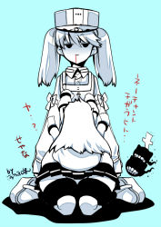 Rule 34 | 10s, 2girls, :&gt;, abyssal ship, blood, blood from mouth, breast conscious, dress shirt, flat chest, jitome, kantai collection, kawachi izumi, long hair, multiple girls, northern ocean princess, ryuujou (kancolle), shirt, sitting, skirt, spot color, translation request, twintails, visor cap, wariza