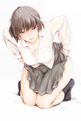 Rule 34 | 1girl, amagami, bed sheet, black socks, blush, breasts, brown hair, cleavage, clothes lift, double horizontal stripe, dress shirt, grey skirt, half-closed eyes, highres, kneeling, leaning forward, lifting own clothes, long sleeves, looking at viewer, medium breasts, miniskirt, on bed, open mouth, panties, panty pull, partially unbuttoned, pleated skirt, pulling own clothes, sasaki akira (ugc), school uniform, shirt, short hair, short ponytail, simple background, skindentation, skirt, skirt lift, smile, socks, solo, sweat, trembling, tsukahara hibiki, underwear, white background, white shirt