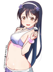 Rule 34 | 1girl, bikini, blue hair, blush, bracelet, commentary request, earrings, hair between eyes, jewelry, long hair, looking at viewer, love live!, love live! school idol project, natsuiro egao de 1 2 jump!, open mouth, simple background, skull573, solo, sonoda umi, swimsuit, upper body, white background, yellow eyes
