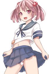 Rule 34 | 10s, 1girl, bad id, bad pixiv id, blue ribbon, blue skirt, blush, clothes lift, fang, fingernails, food print, from below, hair bobbles, hair ornament, kantai collection, lifting own clothes, looking at viewer, midriff, navel, panties, pink eyes, pink hair, pleated skirt, print panties, ribbon, sazanami (kancolle), school uniform, serafuku, short hair, short sleeves, simple background, skirt, skirt lift, sleeve cuffs, solo, standing, stomach, strawberry panties, strawberry print, tokoi, tooth, twintails, underwear, upskirt, white background