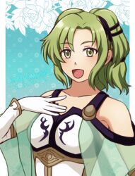 armor bare_shoulders capelet collarbone fire_emblem fire_emblem:_the_sacred_stones flower fukukichi2529 gloves green_capelet green_eyes green_hair l&#039;arachel_(fire_emblem) nintendo see-through_capelet see-through_clothes twintails white_gloves