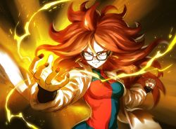 Rule 34 | &gt;:d, 1girl, :d, ahoge, android 21, arm warmers, black-framed eyewear, black nails, breasts, clenched hand, covered navel, dragon ball, dragon ball fighterz, dress, energy, glaring, glasses, grey eyes, grin, lab coat, lightning, long hair, long sleeves, medium breasts, multicolored clothes, multicolored dress, murakami hisashi, nail polish, open mouth, red hair, smile, solo, teeth, turtleneck, turtleneck dress, v-shaped eyebrows, very long hair