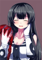 Rule 34 | 10s, 1girl, agano (kancolle), bad id, bad pixiv id, black hair, blood, blood on clothes, breasts, closed eyes, entrails, facing viewer, gloves, instrument, kantai collection, large breasts, long hair, organs, pixelated, school uniform, serafuku, solo, tenken (gotannda), white gloves