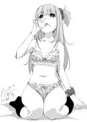 Rule 34 | 1girl, artist name, bow, bow bra, bow panties, bra, collarbone, dated, fellatio gesture, frilled bra, frilled panties, frills, greyscale, hand up, kneehighs, looking up, monochrome, navel, one side up, open mouth, original, panties, scrunchie, seiza, signature, sitting, sketch, socks, solo, tabata hisayuki, thighs, underwear, underwear only, wrist scrunchie