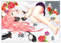 Rule 34 | 1girl, anemone (flower), bad id, bad pixiv id, barefoot, bee, blue eyes, bra, breasts, bug, cleavage, feet, fingerless gloves, flower, gloves, hatsuko, high heels, insect, jigsaw puzzle, legs, lingerie, lying, megurine luka, nail polish, on side, pink hair, pink nails, puzzle, shoes, solo, toenail polish, toenails, underwear, vocaloid