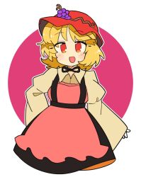 Rule 34 | 1girl, aki minoriko, apron, blonde hair, blush, collared shirt, fruit hat ornament, grape hat ornament, hat, hat ornament, ini (inunabe00), long sleeves, looking at viewer, mob cap, open mouth, red apron, red eyes, red hat, shirt, short hair, smile, solo, touhou, wide sleeves, yellow shirt