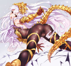 Rule 34 | 10s, 1girl, absurdres, ass, blush, breasts, cameltoe, elbow gloves, covered erect nipples, gauntlets, gloves, granblue fantasy, hair between eyes, headpiece, highres, light purple hair, long hair, looking at viewer, looking back, medusa (shingeki no bahamut), niko (tama), open mouth, pointy ears, red eyes, shingeki no bahamut, slit pupils, small breasts, solo, tail, very long hair
