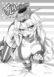 Rule 34 | 10s, 1girl, all fours, alphy, american flag, breasts, candy, cleavage, fingerless gloves, food, garter straps, gloves, greyscale, highres, iowa (kancolle), kantai collection, large breasts, lollipop, long hair, miniskirt, monochrome, pun, skirt, solo, star-shaped pupils, star (symbol), symbol-shaped pupils, thighhighs, zettai ryouiki