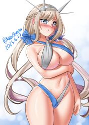 Rule 34 | 1girl, absurdres, bikini, blue bow, blue eyes, bow, braid, breasts, cleavage, dated, french braid, hair bow, headgear, highres, kantai collection, katou shinobu, large breasts, light brown hair, long hair, low twintails, maryland (kancolle), one-hour drawing challenge, pout, pretzel bikini, sideways glance, solo, swimsuit, twintails, twitter username, two-tone bikini