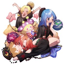 Rule 34 | 3girls, arms up, ayahi 4, black choker, black headwear, black shirt, blonde hair, blue eyes, blue hair, blue skirt, blush, chain, character doll, choker, closed eyes, clothes writing, clownpiece, commentary, fang, fingernails, hair between eyes, hand up, hecatia lapislazuli, hecatia lapislazuli (earth), hecatia lapislazuli (moon), highres, hugging object, junko (touhou), long hair, looking at viewer, multicolored clothes, multicolored skirt, multiple girls, one eye closed, open mouth, red eyes, red hair, red skirt, shirt, short sleeves, skirt, stretching, touhou, yawning