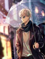 Rule 34 | 1boy, artist name, black scarf, blue eyes, blurry, blurry background, brown coat, building, closed mouth, coat, colored eyelashes, commentary, english commentary, expressionless, gojou satoru, hair between eyes, hand in pocket, hand up, highres, holding, holding umbrella, jujutsu kaisen, lapels, long sleeves, male focus, night, open clothes, open coat, outdoors, round eyewear, scarf, shirt, short hair, signature, solo, standing, sunglasses, transparent, transparent umbrella, umbrella, white hair, white shirt, window, yulicechan